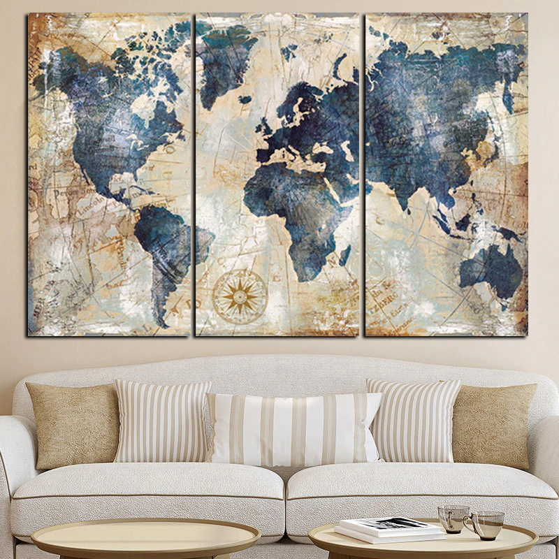 3 Posters En Toile Et Aquarelle Carte Du Monde